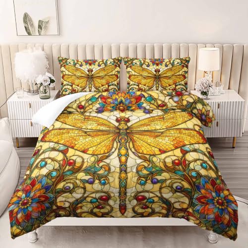 Image of AILONEN Twin Comforter Set 3 Piece, Golden Dragonfly Floral Mosaic 3D Printed Bedding with 2 Pillowcases, Soft Lightweight Microfiber Artistic Decor for Compact Bedroom