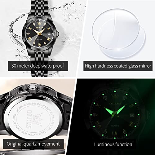 Olevs Womens Watch Fashion Dress Diamond Female Watches For Ladies Analog Quartz Stainless Steel Waterproof Luminous Day Date Black Two Tone Wristwatch #TOP5