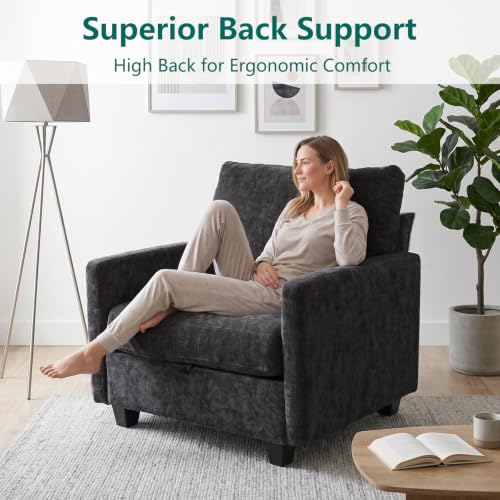 Image of Singel Seat Modern Couches for Living Room, 38 inch Single Sofa with Storage | High Resilience Foam, 22 inch Seat Depth, Movable Ottoman, Comfy Chenille, Easy Assembly, Black