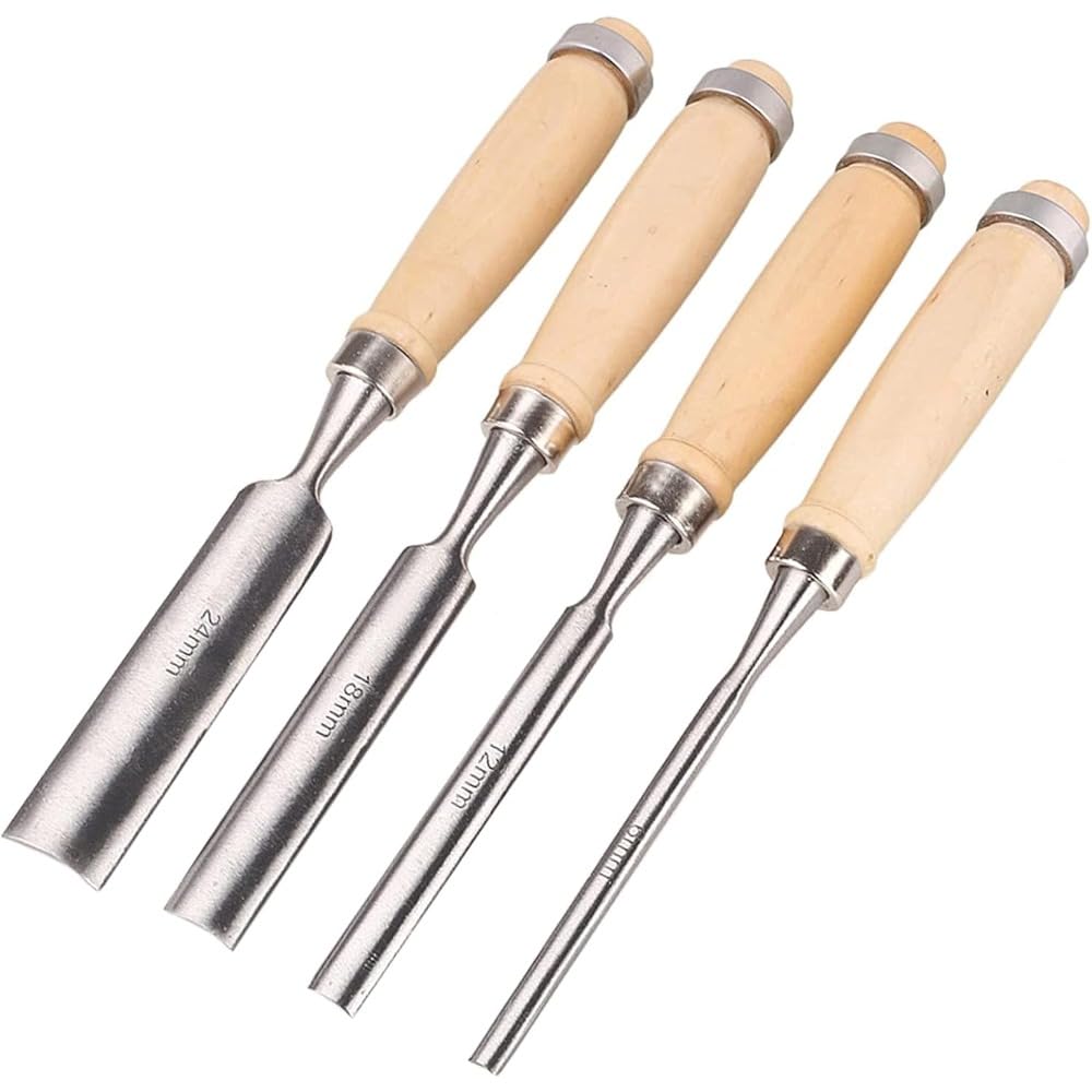 Fiauvx Wood Chisel Set 4pc Carpenter Woodworking Tool Natural Wood Handle