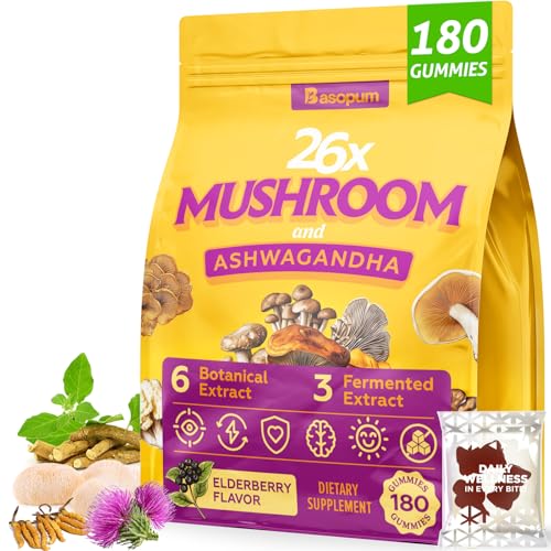 Basopum Mushroom Gummies 4000mg Brain Supplements for Memory and Focus 26x Mushroom Supplement with Ashwagandha & Lions Mane Milk Thistle Green Tea - Focus Clarity Immunity Liver | 180 Count