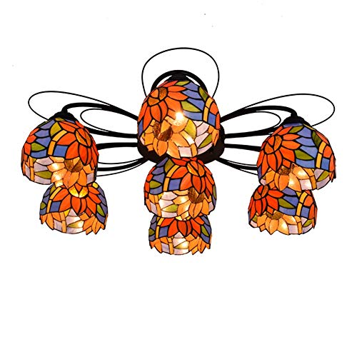 Lustre Tiffany 7 lampe en verre multi-têtes bleu tournesol pour salon