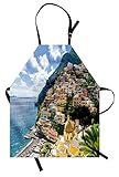 Lunarable Amalfi Coast Apron, Old Town Houses and Historic Buildings on Slope of Mountain Mediterranean Bay, Unisex Kitchen Bib Apron with Adjustable Neck for Cooking Baking Gardening, Multicolor