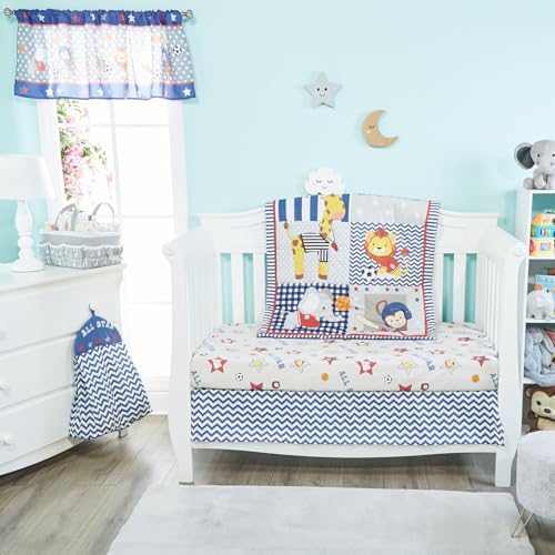 EVERYDAY KIDS 4 Piece Boys Crib Bedding Set - Jungle Sports - Soft 100% Cotton Percale - Includes Quilt, Fitted Sheet, Dust Ruffle and Diaper Stacker - Nursery Bedding Set - Baby Crib Bedding Set
