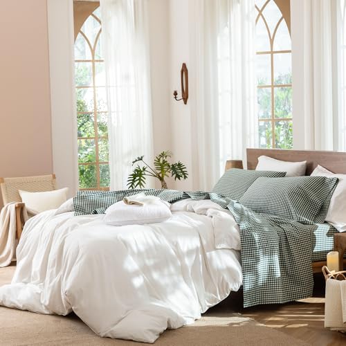 Image of MooMee Gingham Sheet Set 100% Washed Cotton Linen Like Textured Breathable Soft w /Fully Elasticized 16-19 inch Deep Pocket (Mini Gingham Forest Green, Queen)