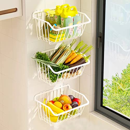 Estante para frutas y verduras montado en la pared con canasta de almacenamiento moderna
