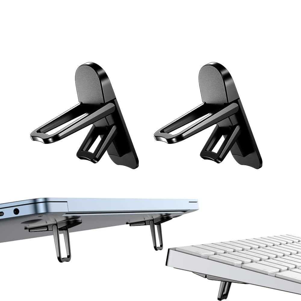 sheful Mini Foldable Laptop Stand, 2 Pcs Zinc Alloy Portable Computer Keyboard Riser with 2 Adjustable Angles, Self-Adhesive Invisible Notebook Stand and Keyboard Lift for Desk (Black)