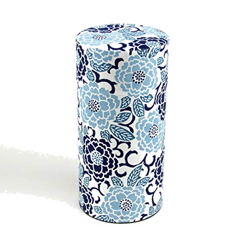 Japanese Tea Canister [Modern Blue Flower] 200g/7oz Tea Capacity -Airtight tin -from Japan | Japanese Tea KIMIKURA