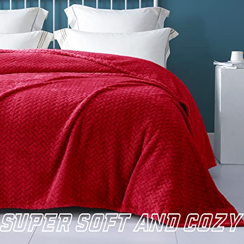 Exclusivo Mezcla King Size Flannel Fleece Blanket, 90X104 Inches Soft Jacquard Weave Leaves Pattern Velvet Plush Blanket For Bed, Cozy, Warm, Lightweight And Decorative Red Blanket #TOP4