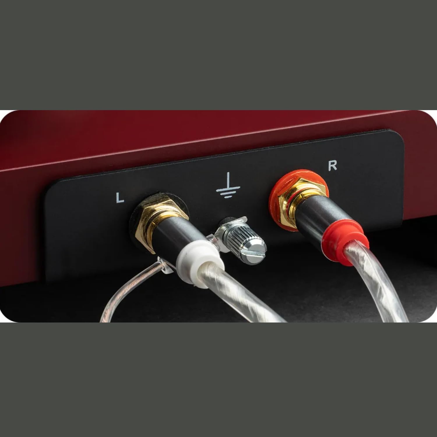 Close-up of the turntable's RCA and ground connections