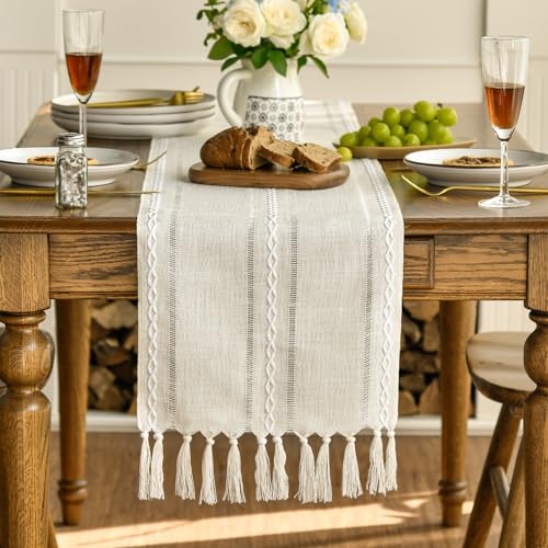 Artoid Mode Runner da tavola in stile rustico con nappe, color crema, decorazione per tavolo da cucina, vacanze, matrimoni, cene, compleanni, 33 x 143 cm - immagine 4