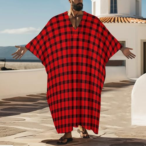 Red Buffalo Check Plaid Tartan Pattern Men's V-neck Robe Middle East Arabian Robe Butterfly Sleeves Kaftan2