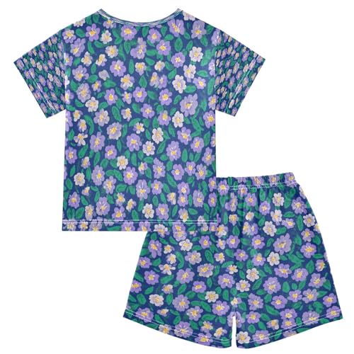 Purple Floral Pattern Kids Pjs Set Boys Girls Summer Short-Sleeve Sleepwear Pajamas 2PCS2