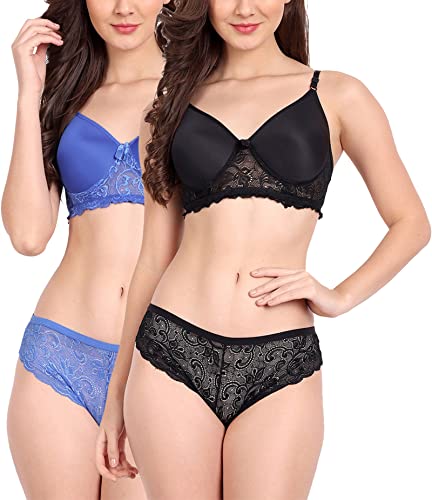 Image of FIMS - Fashion is my style Women Cotton Floral Lace Padded, Non-Wired, Full Coverage, Seamless Bra Panty Set, Multicolor, Lingerie Set