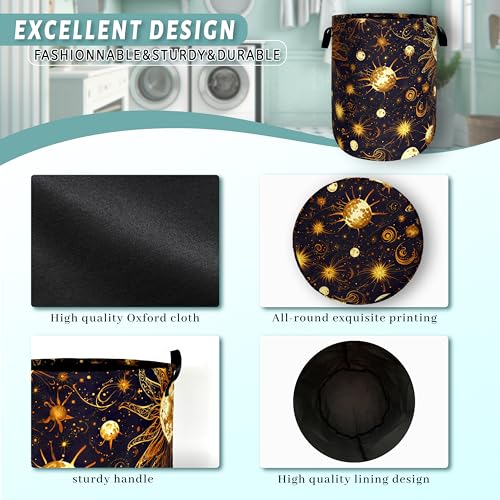 Image of Golden Sun Pattern Laundry Basket Oxford Cloth Hamper 18.9x16.5 Inch | Foldable With Handle Tote Bag Colorful Galaxy Laundry Hamper Clothes Storage Bucket Toy Organizer ForBathroom /Laundry /Bedroom