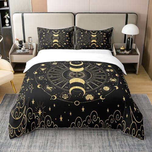 Homemissing Soleil et Lune Parure de lit Bohemian Mandala Housse de Couette 200x200cm 100% Coton Enfants Constellation Zodiac Housse de Couette Golden Noir...
