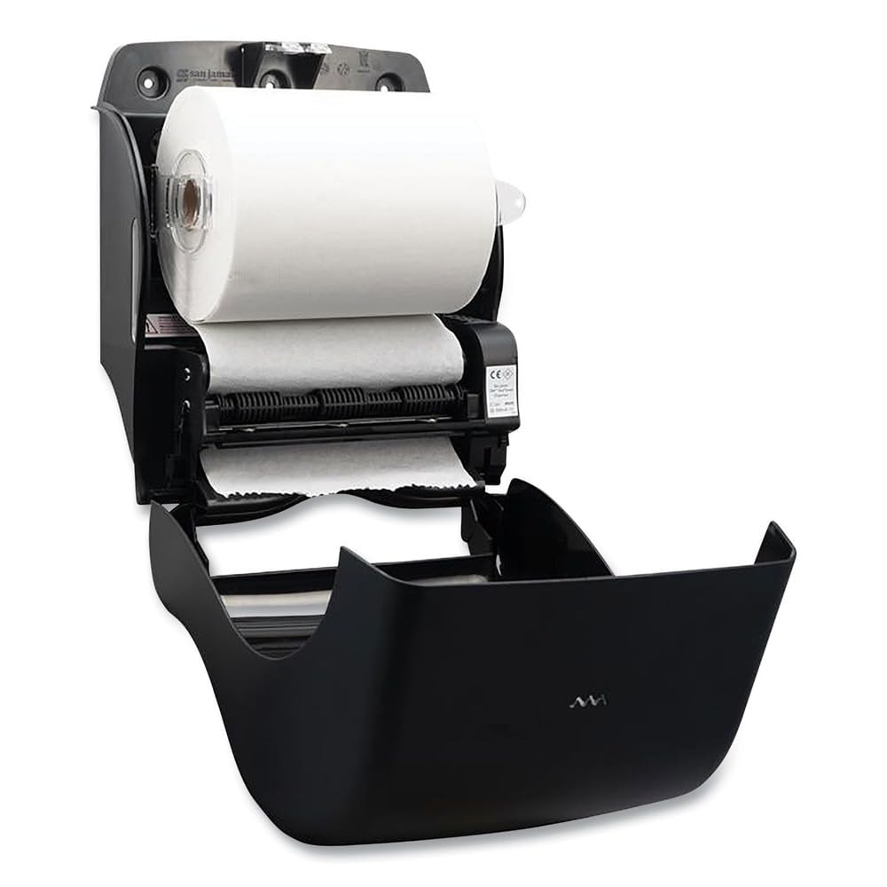 San Jamar ecoLogic Tear-N-Dry - Dispenser elettronico di asciugamani di carta in plastica riciclata, alimentato a batteria, dispenser da parete per casa e lavoro, rotoli da 25,4 cm, nero