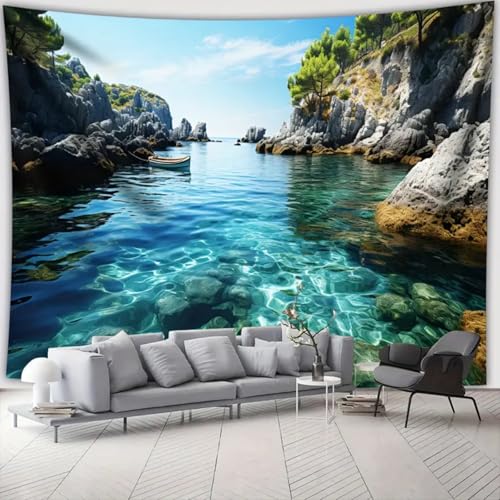 Arsey Wandteppich Mittelmeer Landschaft, Kristallklares Wasser mit Felsen, Blaue Meeresbucht Wandteppiche Natur Wandtuch für Schlafzimmer Wohnzimmer Fotografie Hintergrund 200x150cm