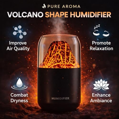 Image of Pure Aroma Volcano Shape Humidifier with Flame Effect LED Light | Ultrasonic Cool Mist Aroma Diffuser | USB Powered | Silent Operation | Ideal for Bedroom, Office & Car - 300ML
