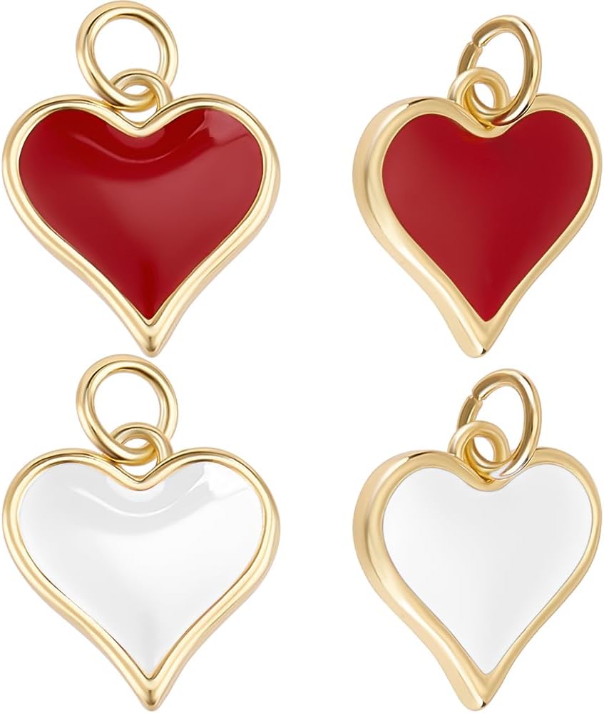 Beebeecraft 1Box 10Pcs Heart Charms 18K Gold Plated Brass Enamel Valentine's Charms Love Beads with Jump Rings for Jewellery Making DIY Crafting (Red, White)