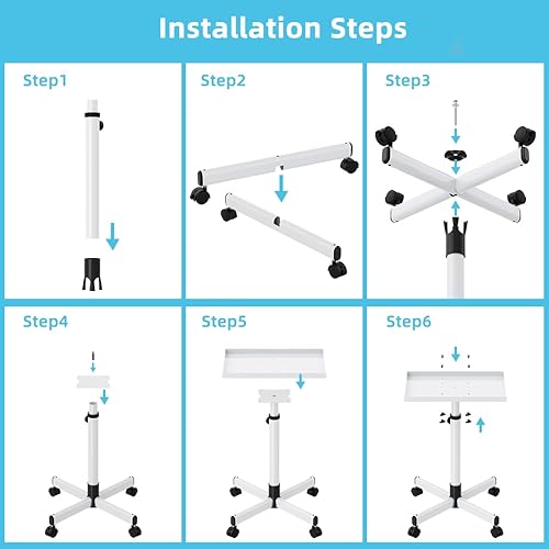 Miniatura 5 de GZGDLJQ Bandeja de salón con ruedas, bandeja de tatuaje blanca para peluquería, carrito ajustable de 30 a 37 pulgadas, bandeja de salón de belleza,
