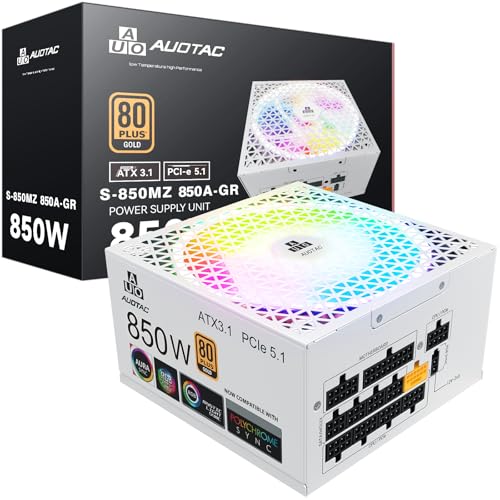Image of 850W Fully Modular Power Supply, 80+ Gold PSU, ATX 3.1 & PCIe 5.1 Ready, Native Dual-Color 12V-2x6 Cable, RGB Low-Noise Smart Fan, 105C-Rated Capacitors, White
