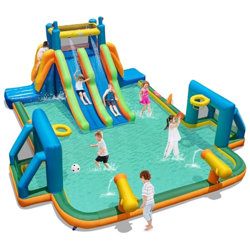 BOUNTECH Inflatable Water Slide, 19x17FT Mega Waterslide Park Dual Long Slides for Racing Fun w/Dual Climbing Wall, Large Splash Pool, Water Slides Inflatables for Big Kids and Adults Outdoor Backyard