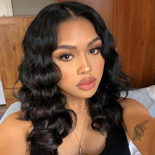 WIGER Short Wavy Wigs for Women Black Body Wave Hair Wig 16 Inch Middle Part Shoulder Length Short Bob Wigs Loose Wave Hair Synthetic Curly Wig for Daily or Party (Middle Part) Natural Black