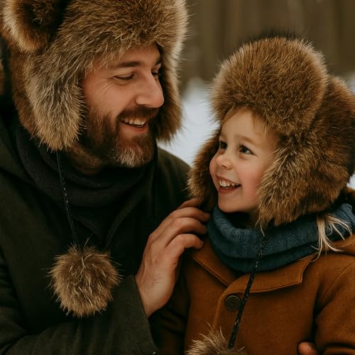 Winter Cute Raccoon Plush Hats, Earflap Warm Parent Child Plush Animall Beanie Cap, Faux Fur Trapper Hat with Pom Poms, Tail3