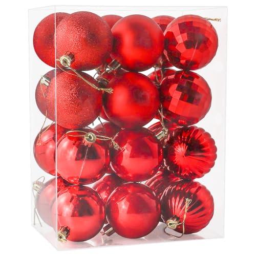 24 Pieces 60mm Christmas Baubles Xmas Ball Ornaments, Red Shatterproof Plastic Hanging Decorations, Glitter Christmas Tree Pendants for Home Party Wedding Holiday, Red
