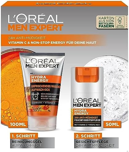 L'Oréal Men Expert Zestaw do pielęgnacji dla zmęczonej skóry dla mężczyzn, zestaw upominkowy z żelem do mycia i kremem do twarzy 24h, przeciw zmęczeniu, prezent dla mężczyzn z witaminą C, Hydra