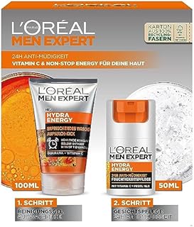 L'Oréal Men Expert Zestaw do pielęgnacji dla zmęczonej skóry dla mężczyzn, zestaw upominkowy z żelem do mycia i kremem do twarzy 24h, przeciw zmęczeniu, prezent dla mężczyzn z witaminą C, Hydra