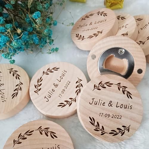 Abridor de botellas de cerveza redondo de madera grabado