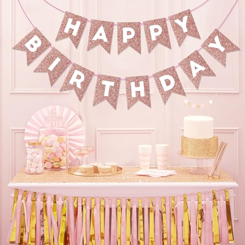 Image of Hooqict Rose Gold Happy Birthday Banner Sign for Backdrop Rose Gold Birthday Decorations for Women Girls Wall Door Party Banner Garland Bunting Flag