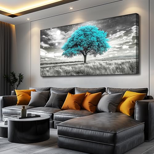 KELIYUAN Blue Tree Wall Artist Decorated Painting Full Of Stars Black And White Oil Painting Modern Print Canvas Aesthetics Living Room Decoration Bedroom Bathroom Office Wall Decoration 24 X 48 In