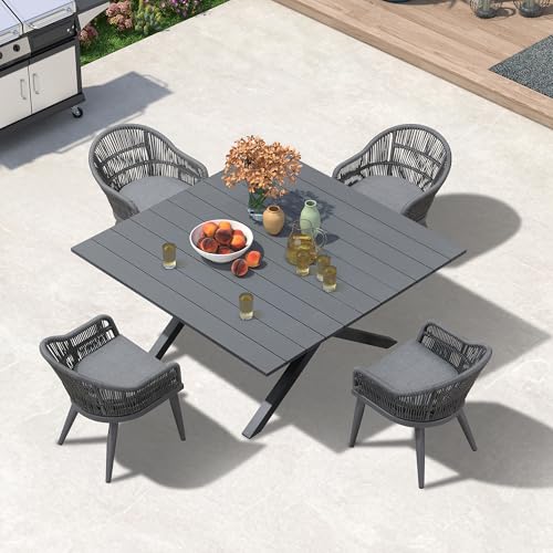 Image of PURPLE LEAF 5 Pieces Oversized Square Patio Dining Set with Outdoor Aluminium Dining Table and Woven Chairs Modern Metal Furniture Cushions Sets for Garden Yard Indoor Decor Kitchen Gray