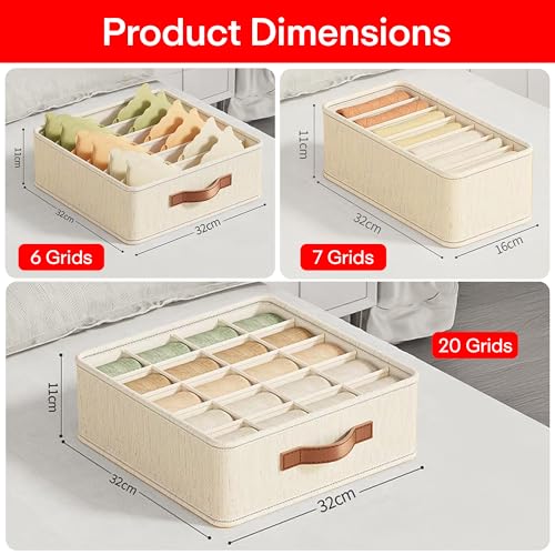 Image of Prime Pick Storage Box Set Wardrobe Organizer Foldable Cotton Jute Storage Bin Washable with Leather Handles Clothes Organizer for undergarments, accessories Beige XL Size Pack of 3