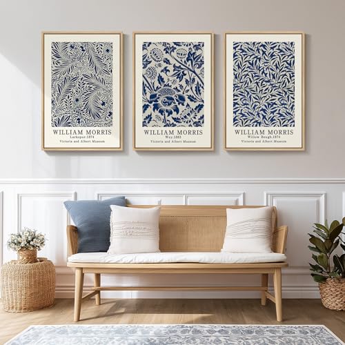 Framed Large Blue William Morris Wall Art Set of 3, Vintage Botan...