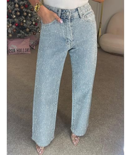 Sexyshine Women's Diamond Rhinestone Jeans High Waist Straight Wide Leg Stretchy Bling Denim Pants3