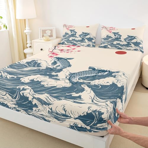Manfei Waves Sheet Set Queen,Koi Cherry Blossom Sunrise Bed Sheet 4pcs with Deep Pocket Fitted Sheet + Flat Sheet + 2 Pillowcases Japanese Art Landscape Romantic Bedding Set for Kids Teens Room Decor by Manfei - Used condition - Image 4