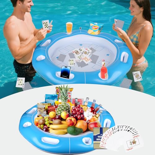 Floating Table for Pool with Waterproof Card & 6 Cup Holders, 40' Inflatable Pool Float Game Table for Adults, Floating Pool Table for Party, Hot Tubs, Snacks, Drinks & Summer Fun Indoor Outdoor