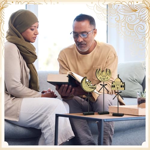 Image of Briwooody 6 Pcs Ramadan Decorations Eid Mubarak Wooden Sign Set Moon Star Shape Tall Standing Islamic Ramadan Table Centerpiece Tabletop Decor Farmhouse Wood Block for Muslim Party Home Decorations