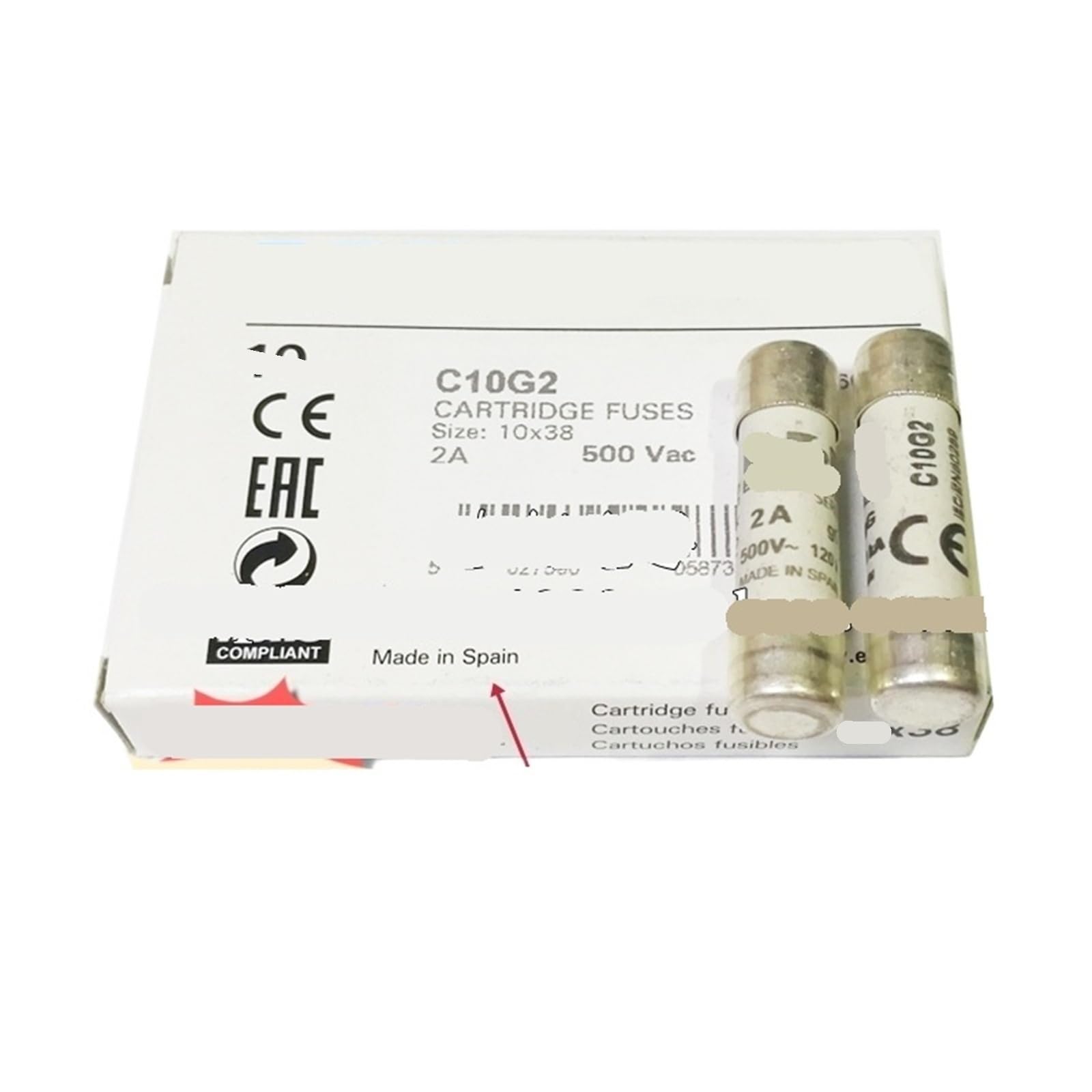 Fusible C10G2 2A 500V 10x38mm cartouche cylindrique pour tableau électrique