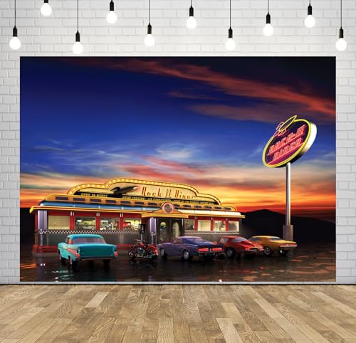 BELECO 7x5ft Fabric Retro American Diner Backdrop Rock it Diner Vintage 50s Diner Classic Cars Motorcycle Motel Background 1950s Diner Theme Party Decorations Birthday Shoot Photo Props