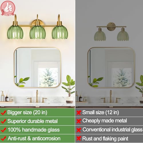Image of Bathroom Light Fixtures (3-Light, 20 in), Brushed Gold Vanity Lights for Bathroom with Ribbed Green Tulip Glass Shade, Vintage Vanity Wall Lights for Mirror Bedroom Living Room Hallway