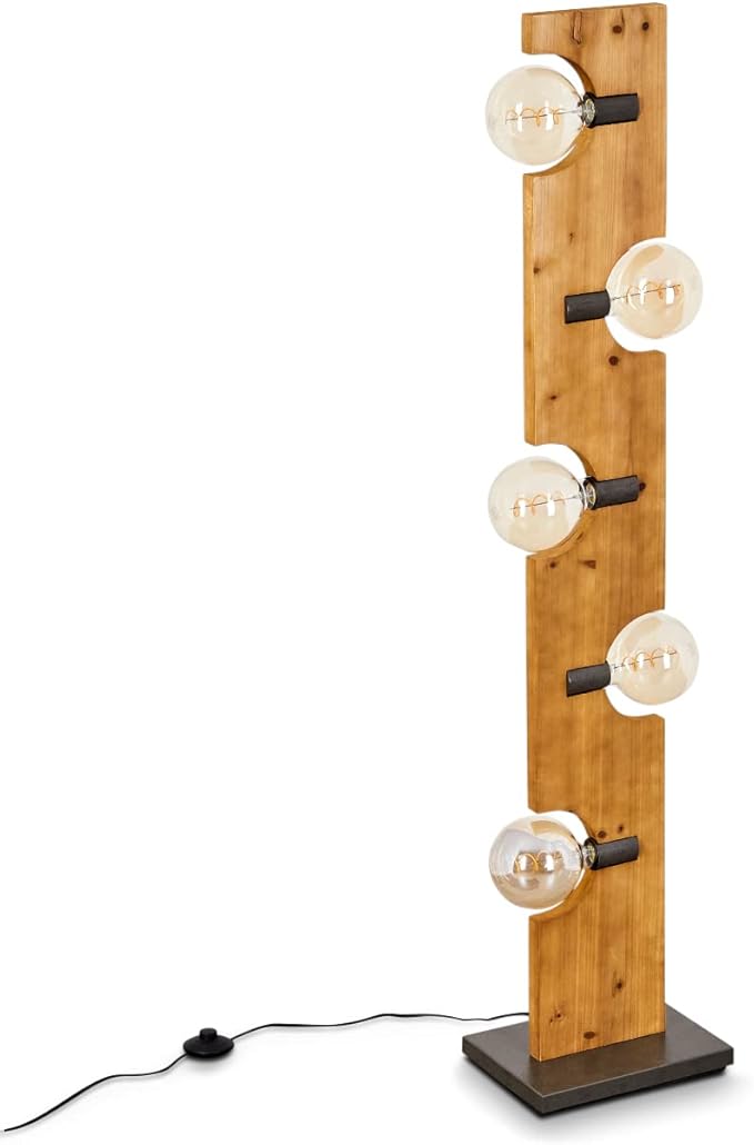 hofstein Vloerlamp Santorum, vintage vloerlamp van metaal/hout in antiek zilver/natuur, vloerlamp met voetschakelaar op het snoer, 5 vlammen, 5 x E27, zonder gloeilampen
