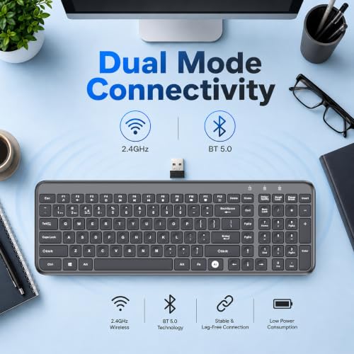 Image of Ant MASTER50 Wireless Keyboard Multi-Device Bluetooth 5.0 & 2.4GHz Rechargeable Slim Keyboard with Dedicated AI Key for ChatGPT, Silent Scissor Keys for Windows, Mac, Android, iOS (Grey Black)