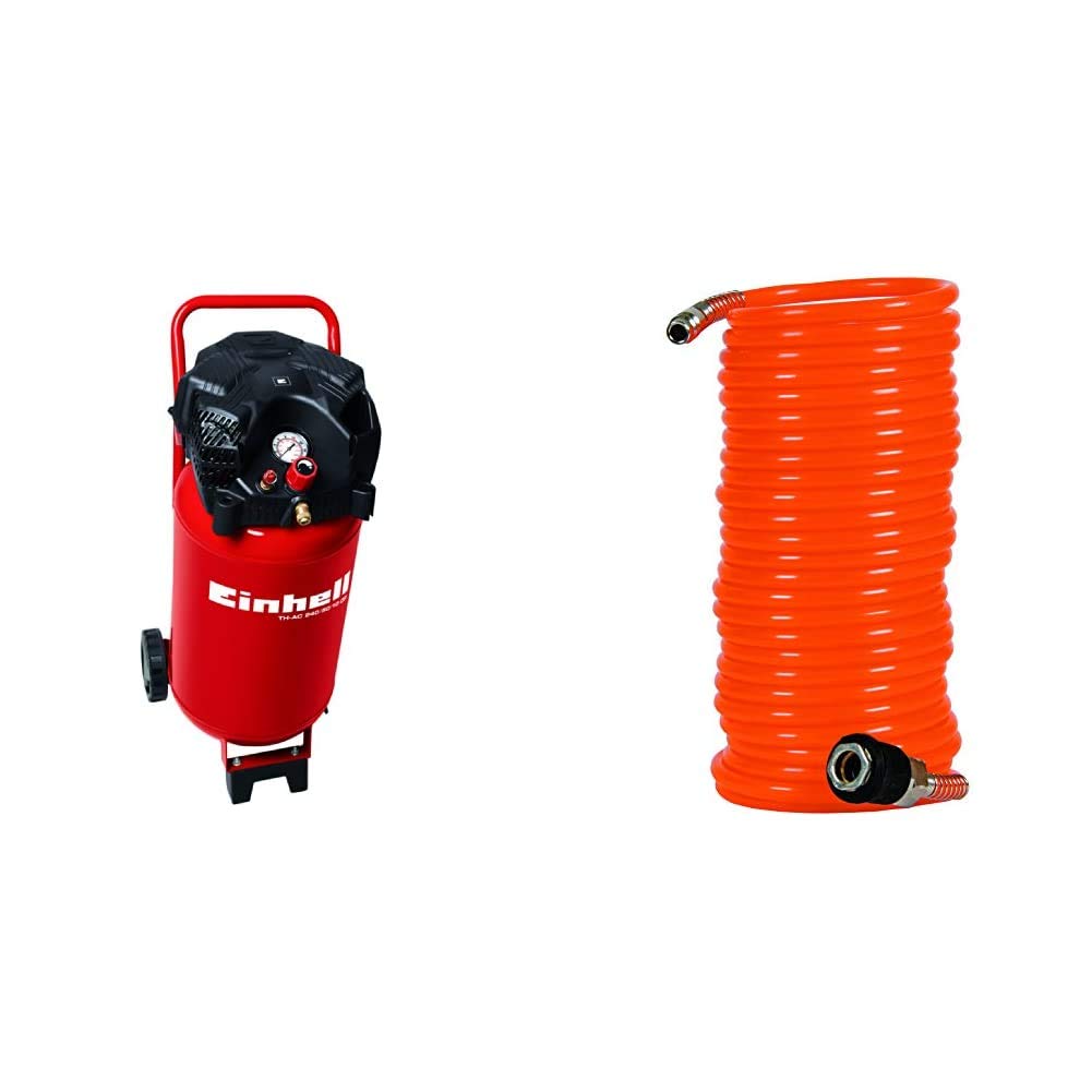 Einhell Compressore 50 L, Potenza 240 L/Min, 10 Bar, 1 Cilindro, TH-AC 240/50/10 of, 1500 W &4139420 Tubo Elicoidale, 8 M, Diametro Interno di 6 mm, Arancione