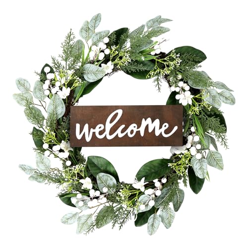 24 Wreaths for Front Door Winter Front Door Wreath Outdoor Green Wreath for Windows Artificial Spring Summer Wreaths with Big Berries for Indoor Outdoor Farmhouse Holiday Decorating