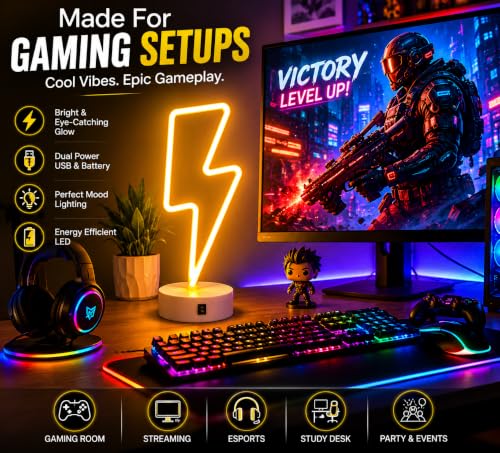 Image of Quace Lightning Bolt Neon Light for Room Decor, Dual Power (USB & 3 AA Batteries), Warm Yellow LED Neon Lamp, Gaming Room Decor, Bedroom Night Light, Desk Lamp for Home, Cafe & Party Decoration